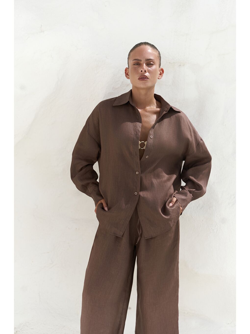 Kahverengi Jelsomina Oversize Kahve Keten Gömlek Pantolon Takım
