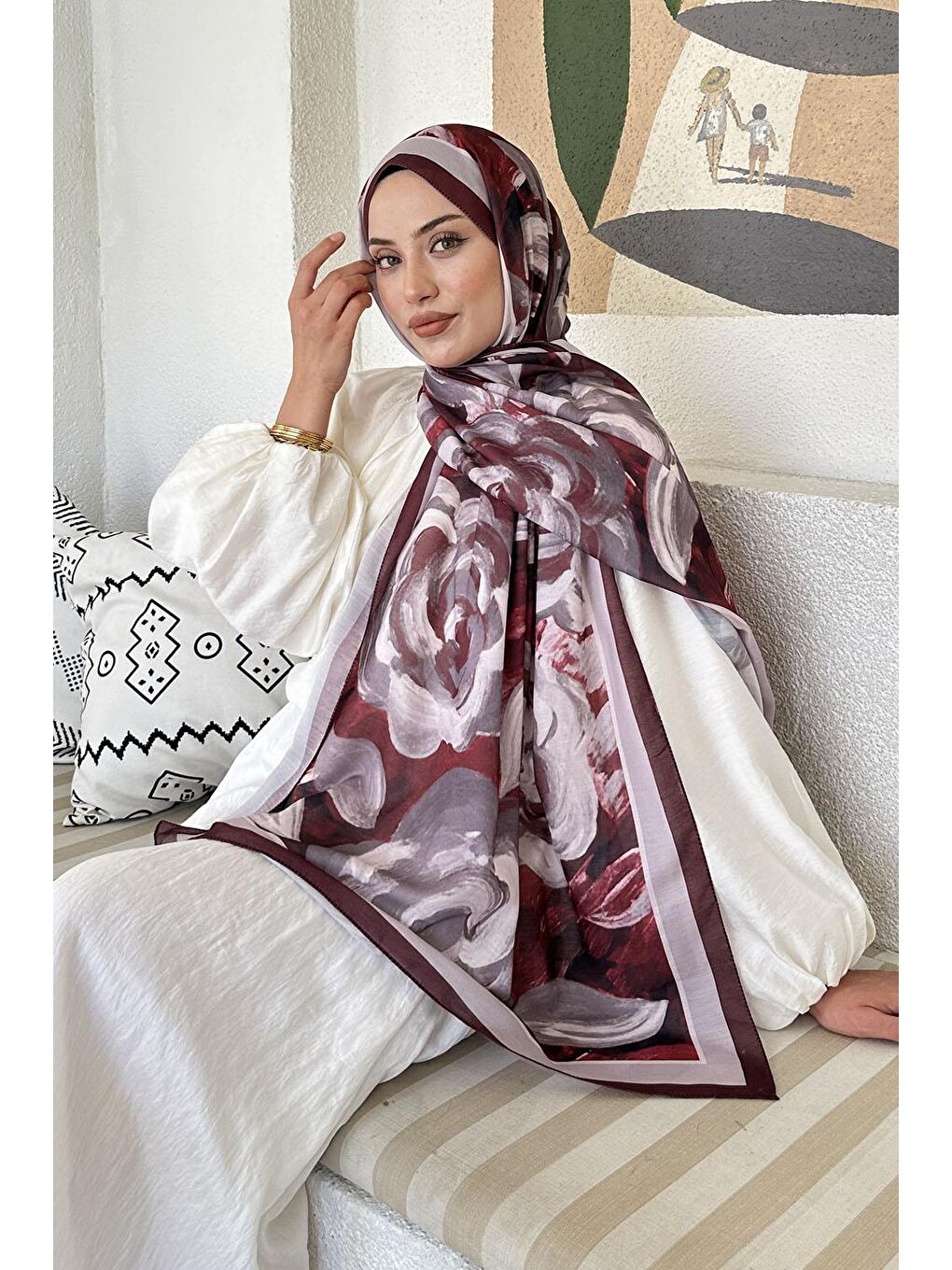Çiçek Desen Pamuk Şal Koyu Bordo-2