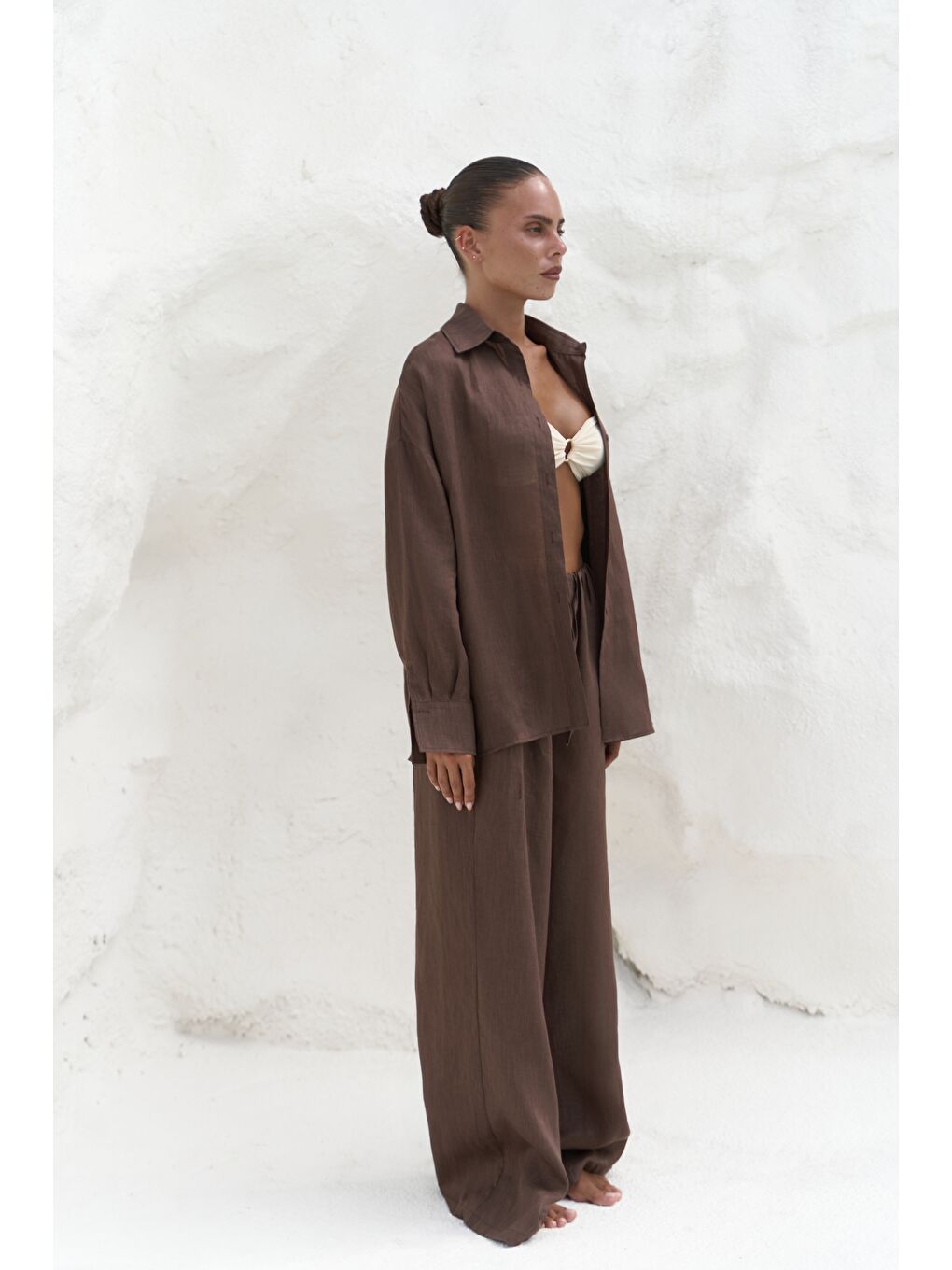 Kahverengi Jelsomina Oversize Kahve Keten Gömlek Pantolon Takım-1