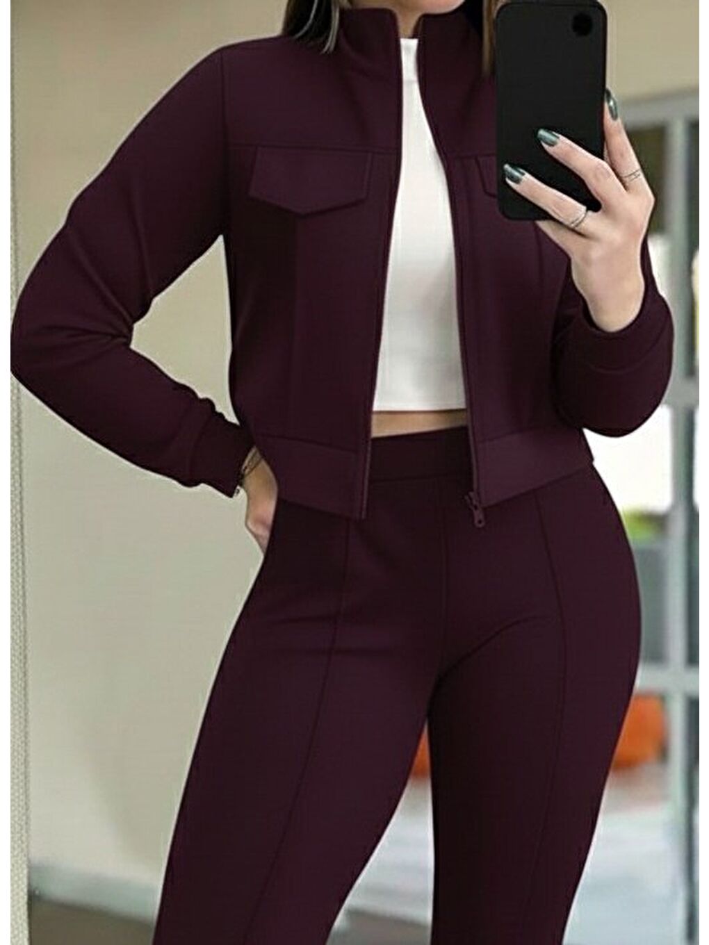 Bordo Kadın Uzun Kollu önden Fermuarlı Kısa Modal Mor Ceket Ve Pantolon Ikili Takım-1