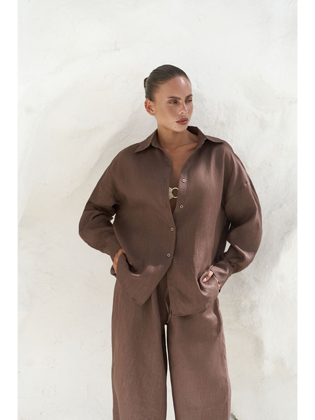 Kahverengi Jelsomina Oversize Kahve Keten Gömlek Pantolon Takım-2