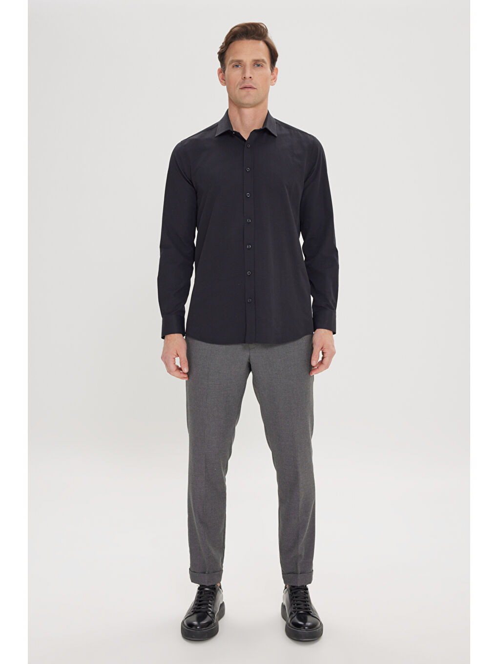 Erkek Siyah Slim Fit Dar Kesim Klasik Yaka Pamuklu Armürlü Gömlek-2