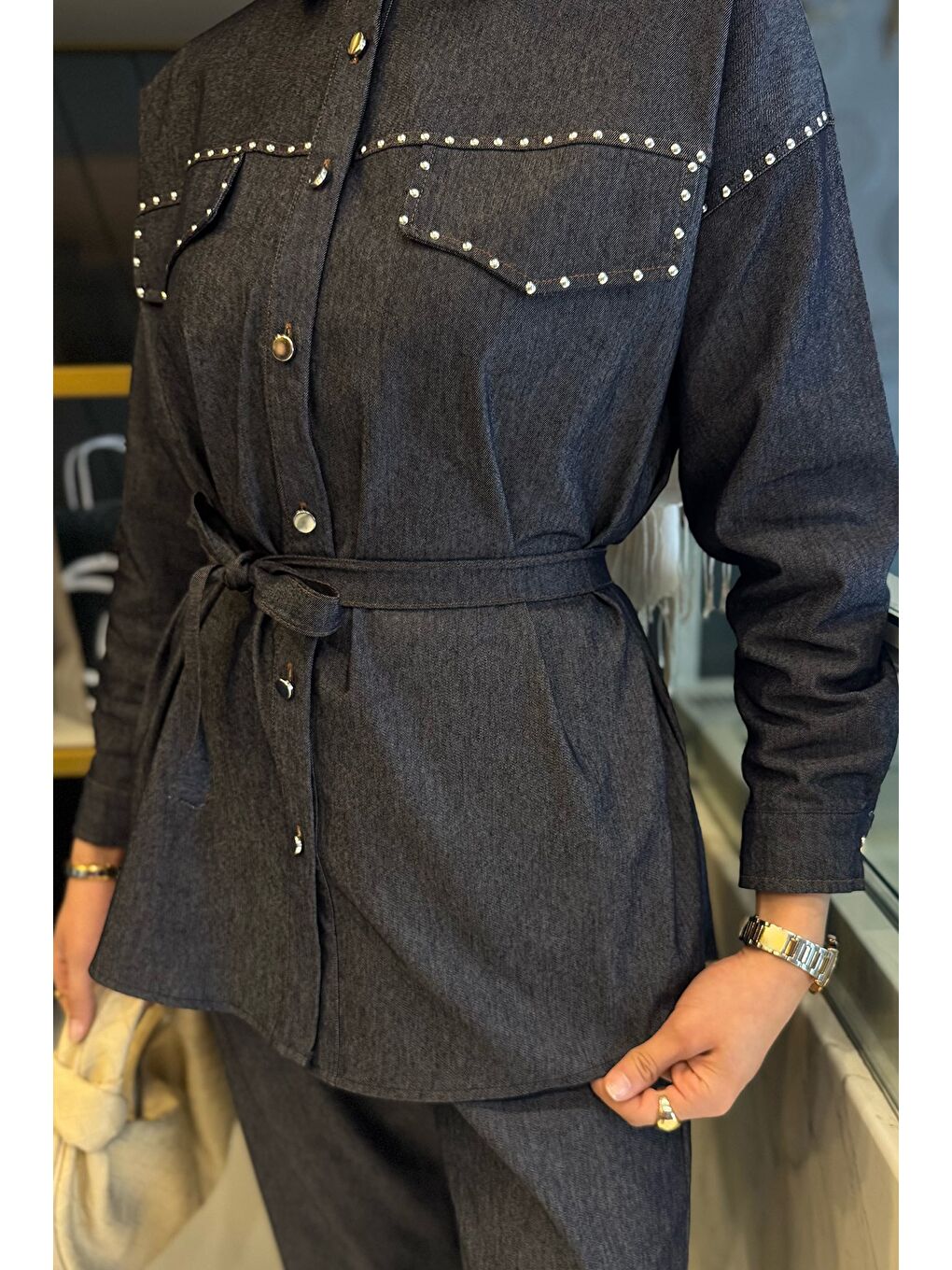 Lacivert Kadın Taş İşlemeli Kuşaklı Tesettür Jean Tunik Pantolon İkili Takım-5