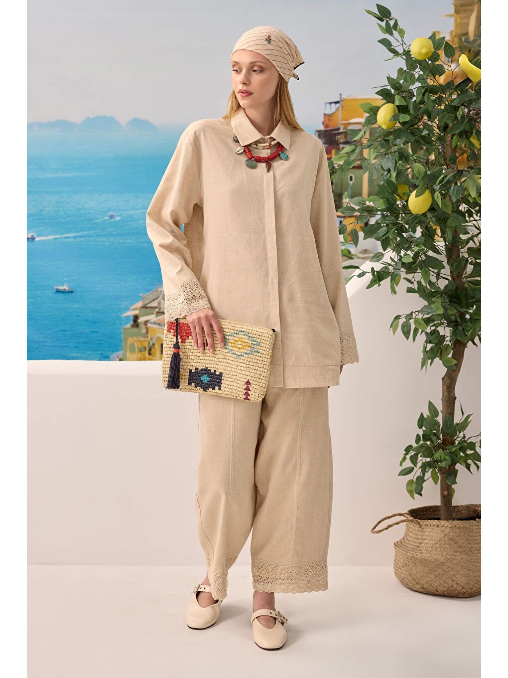 Bej Güpürlü Keten Pantolonlu Takım Sedef-4