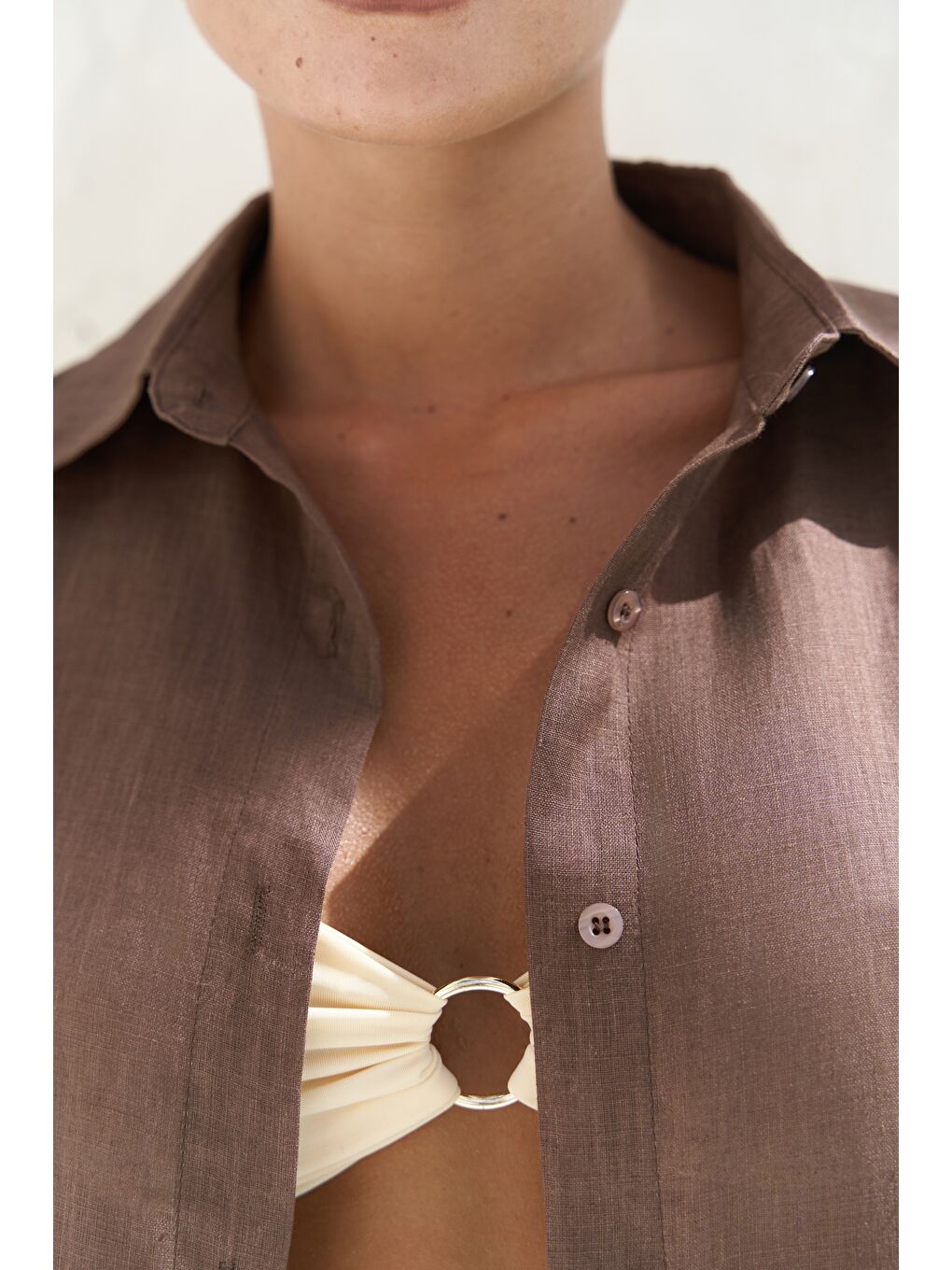 Kahverengi Jelsomina Oversize Kahve Keten Gömlek Pantolon Takım-3