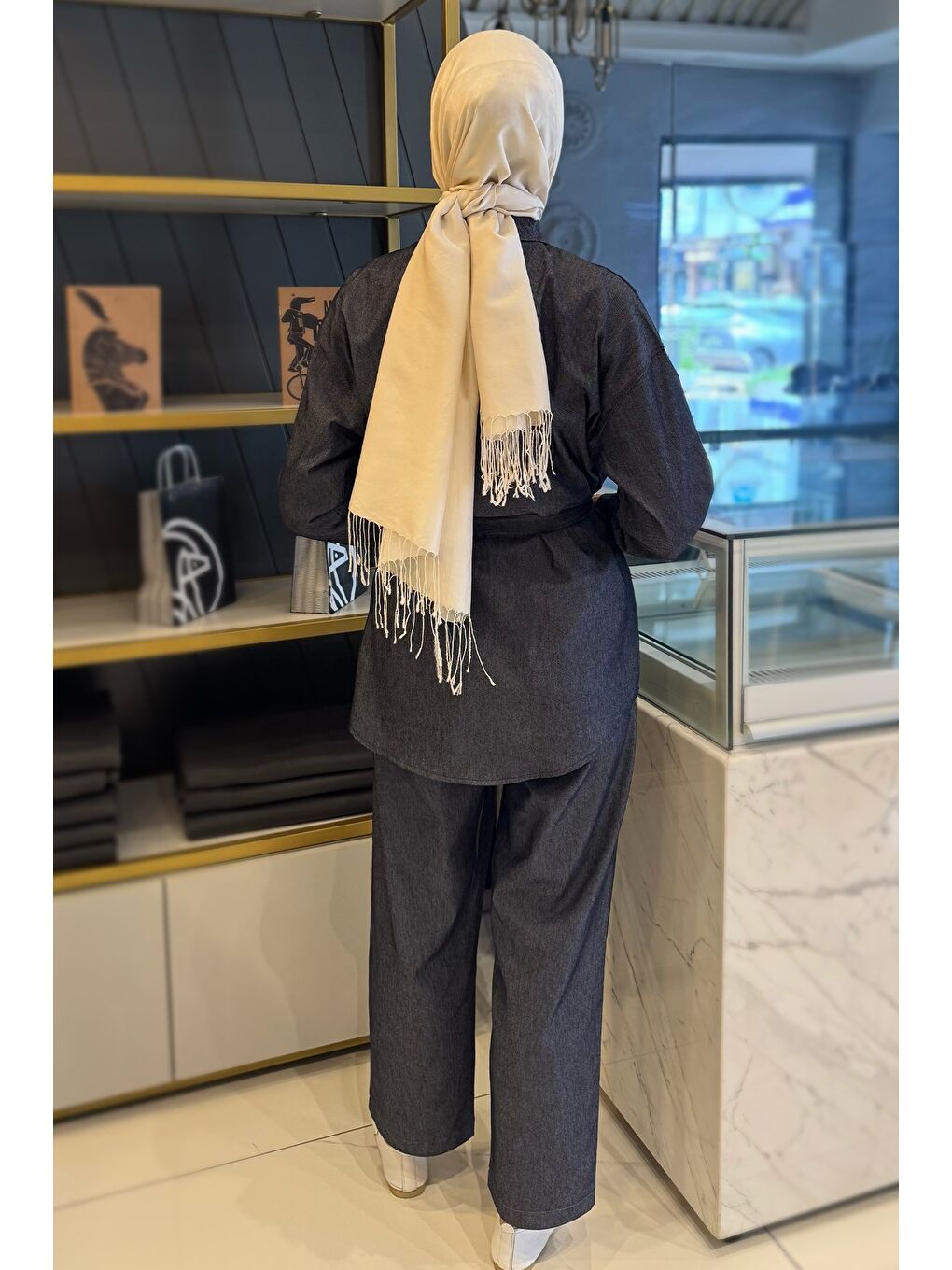 Lacivert Kadın Taş İşlemeli Kuşaklı Tesettür Jean Tunik Pantolon İkili Takım-7