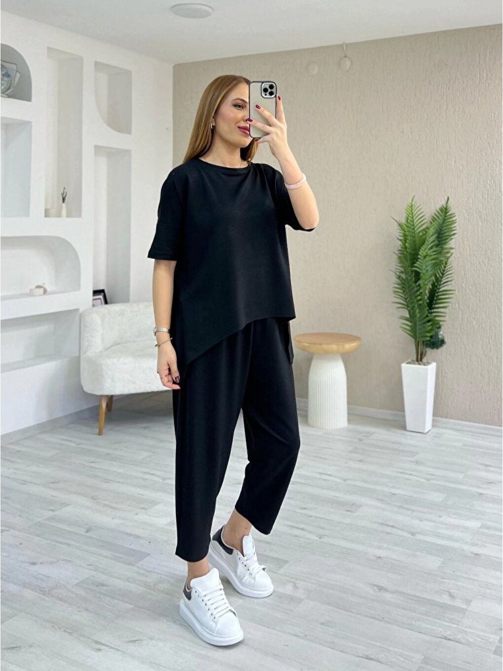 Siyah Kadın Kısa Kollu Bisiklet Yaka Viskon Iki Iplik Bluz Ve Pantolon Ikili Takım-1