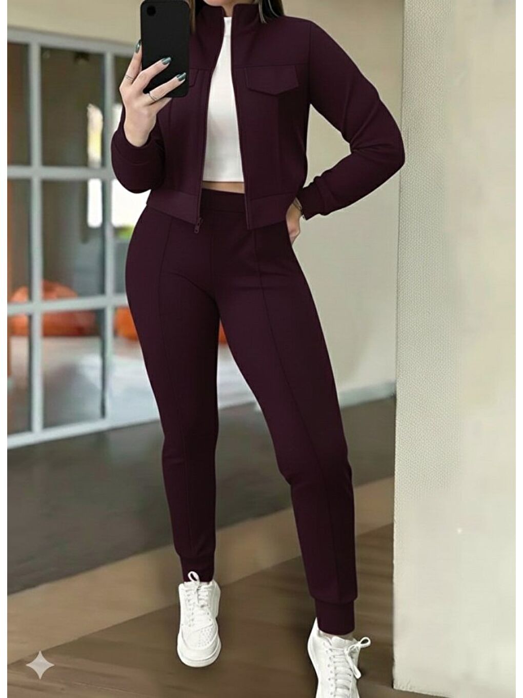 Bordo Kadın Uzun Kollu önden Fermuarlı Kısa Modal Mor Ceket Ve Pantolon Ikili Takım-3