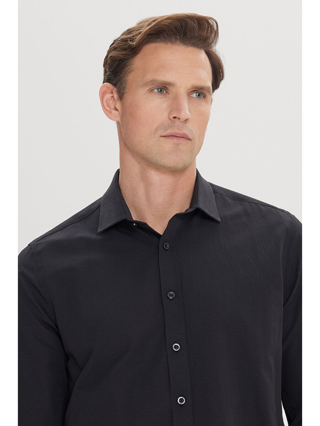 Erkek Siyah Slim Fit Dar Kesim Klasik Yaka Pamuklu Armürlü Gömlek-5