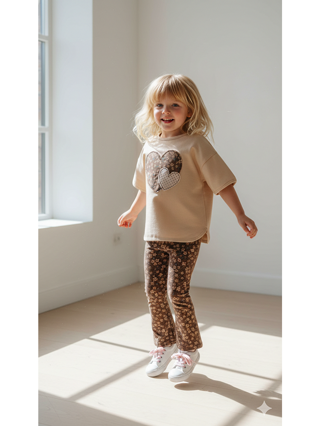 Bej Kız Çocuk Kalp Aplikeli İspanyol Paça Taytlı Alt Üst Takım-1