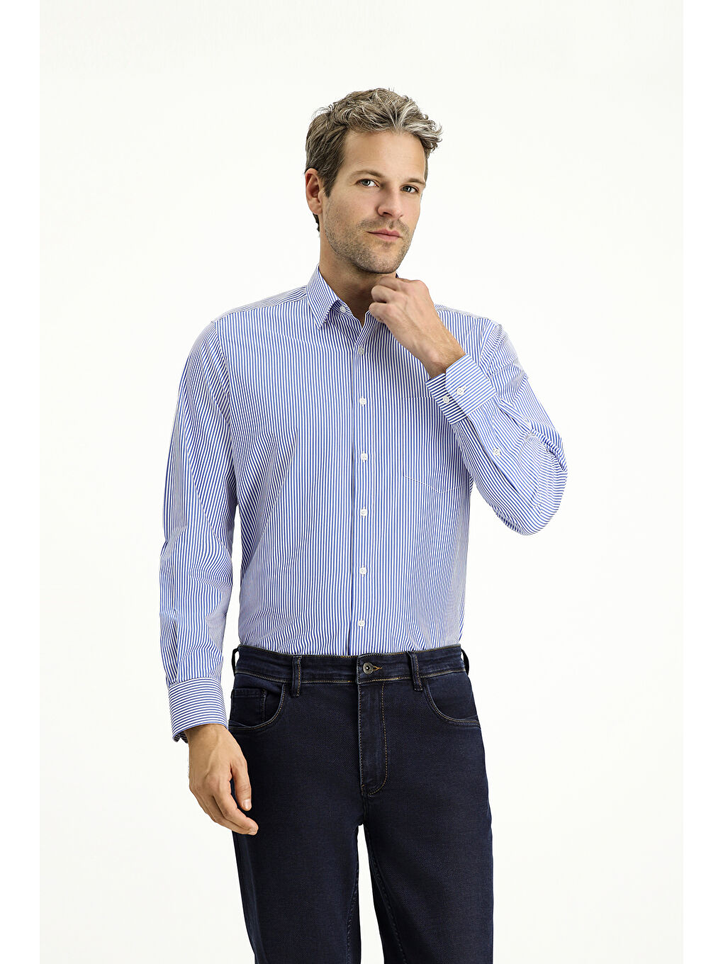 Lacivert Uzun Kol Klasik Çizgili Pamuk Gömlek