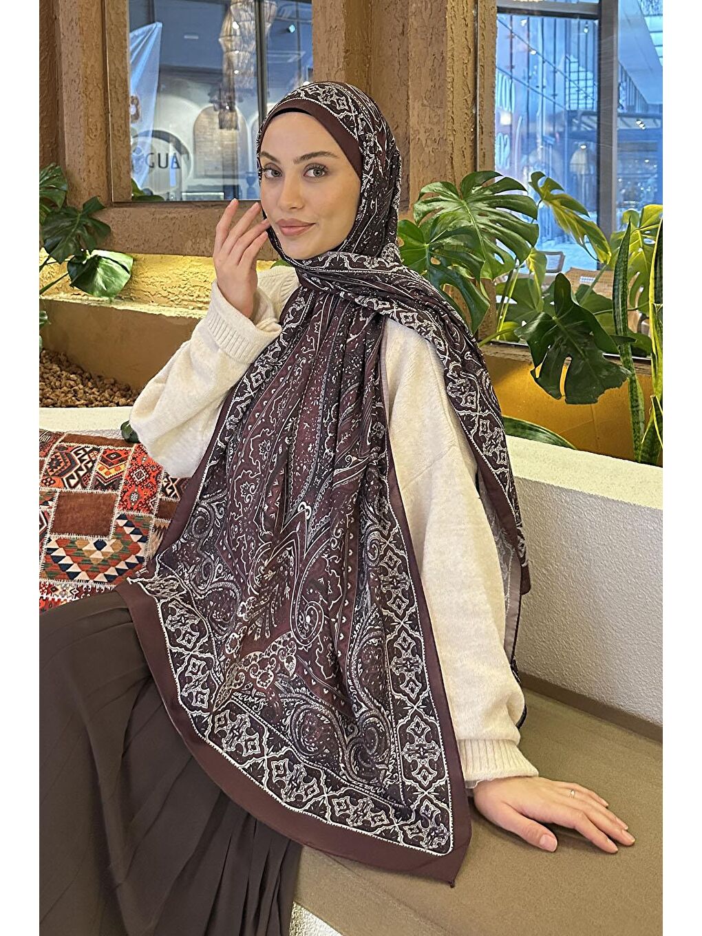 Retro Desen Pamuk Şal Koyu Bordo-1