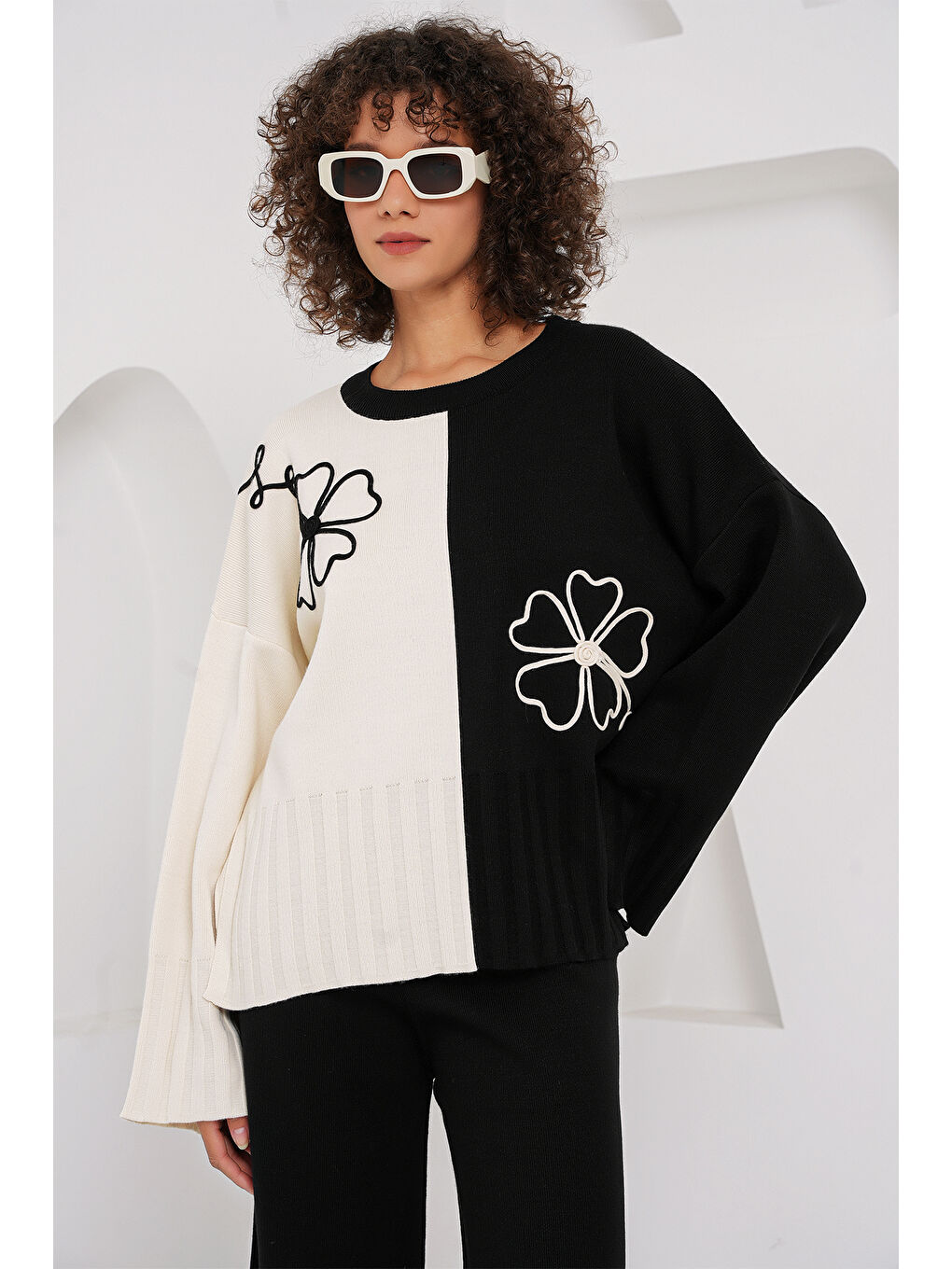 15904 Oversize Triko Kazak Pantolon İkili Takım - Siyah-1