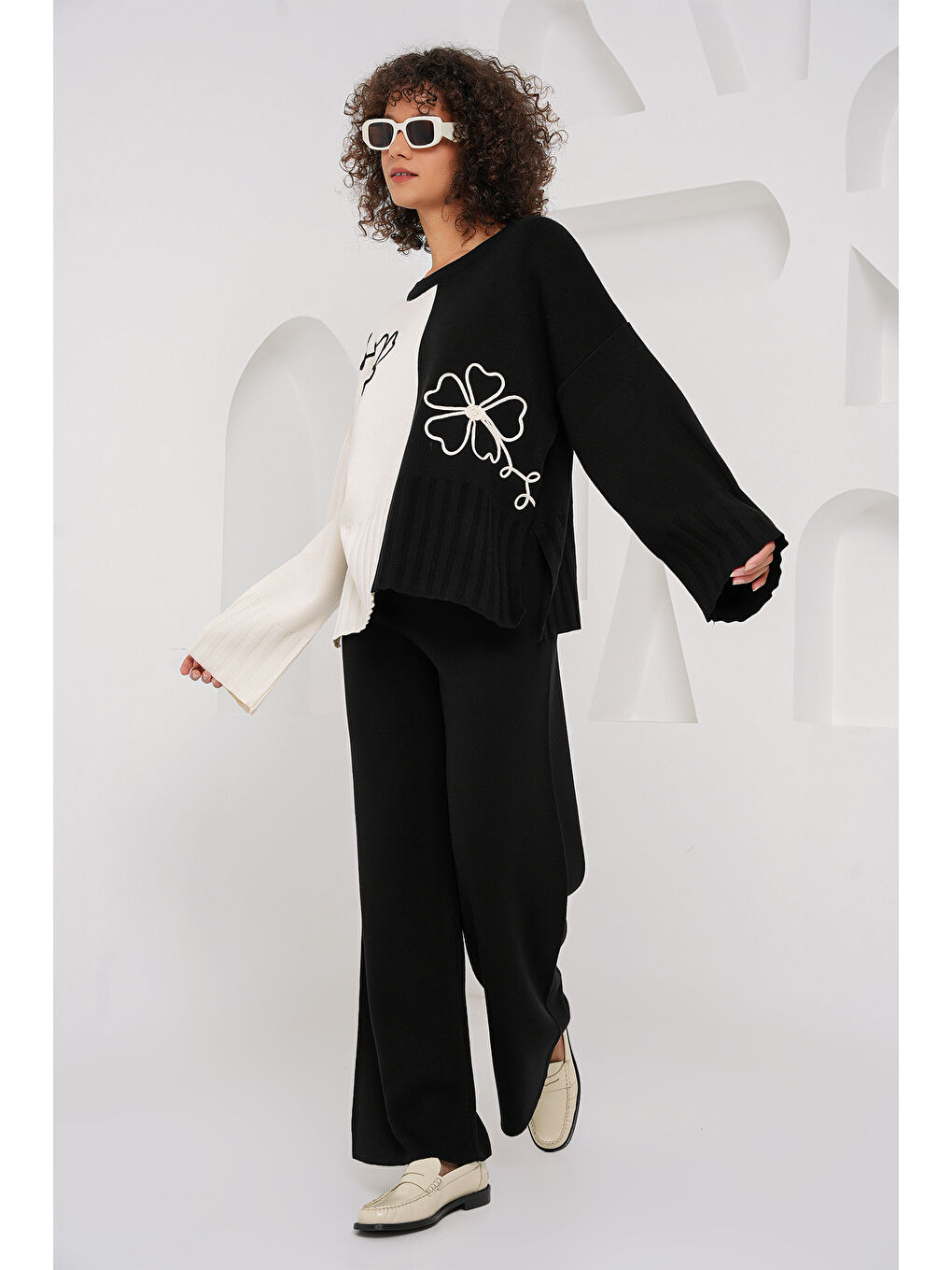 15904 Oversize Triko Kazak Pantolon İkili Takım - Siyah-2