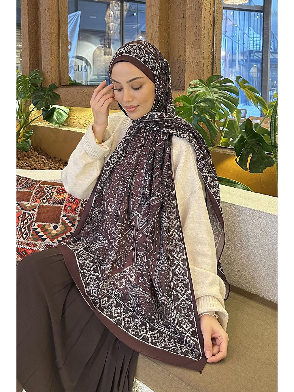 Retro Desen Pamuk Şal Koyu Bordo-2