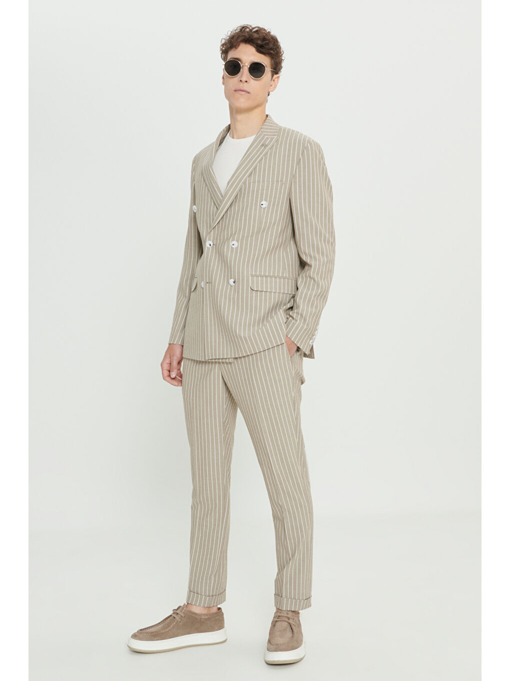 Erkek Bej-Beyaz Slim Fit Kırlangıç Yaka Gofre Desenli Kruvaze Takım Elbise-1