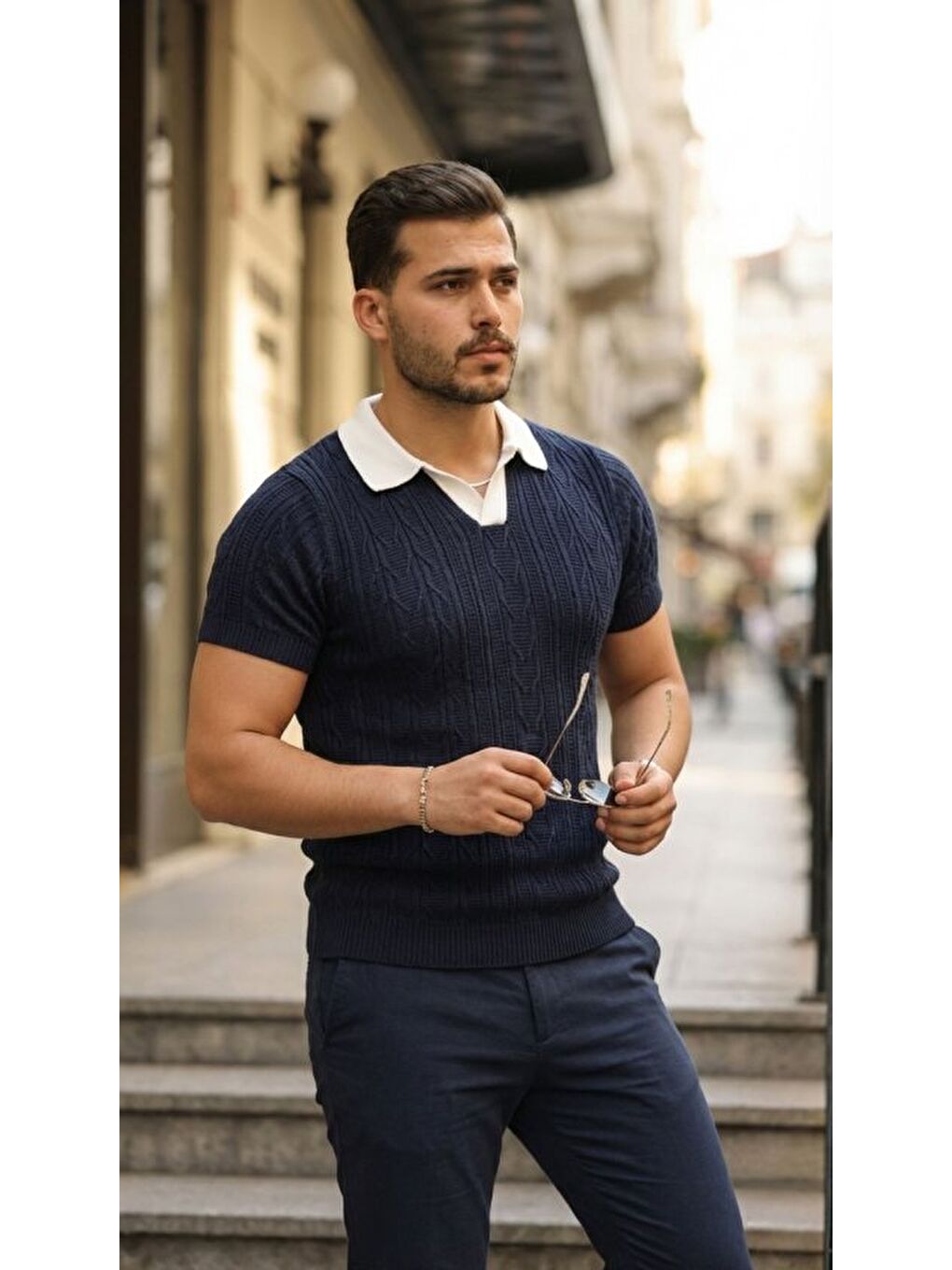 Lacivert Erkek Polo Yaka Triko Tişört-1