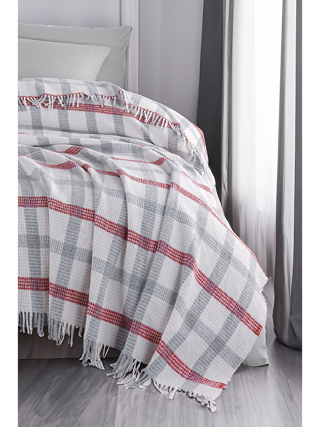 Battaniye Pamuklu Tek Kişilik Warm Soft Gri-Kırmızı