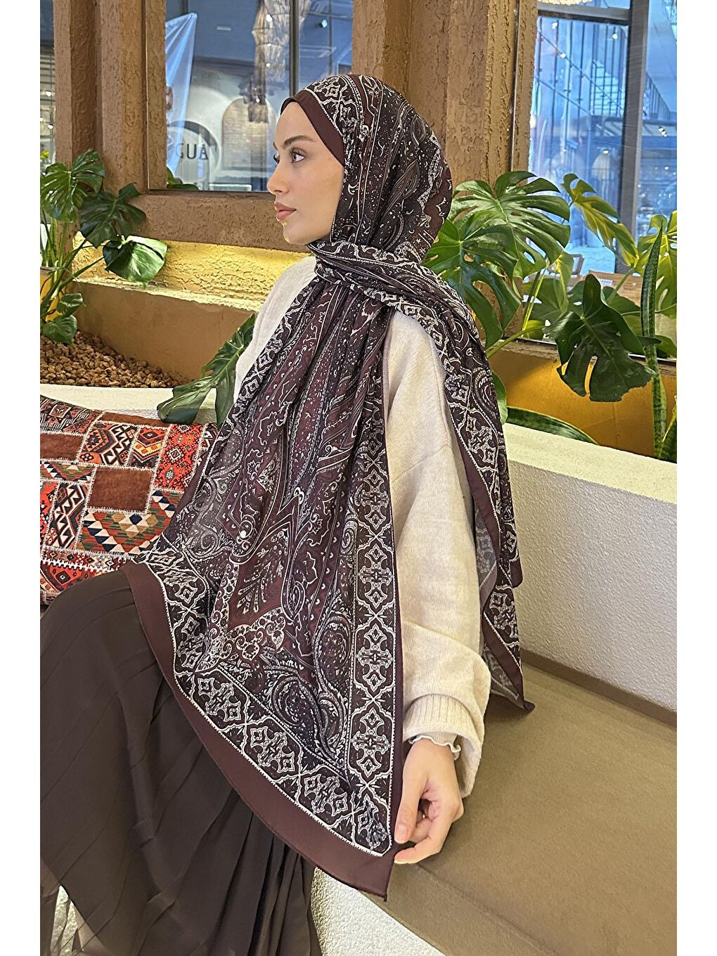 Retro Desen Pamuk Şal Koyu Bordo-3