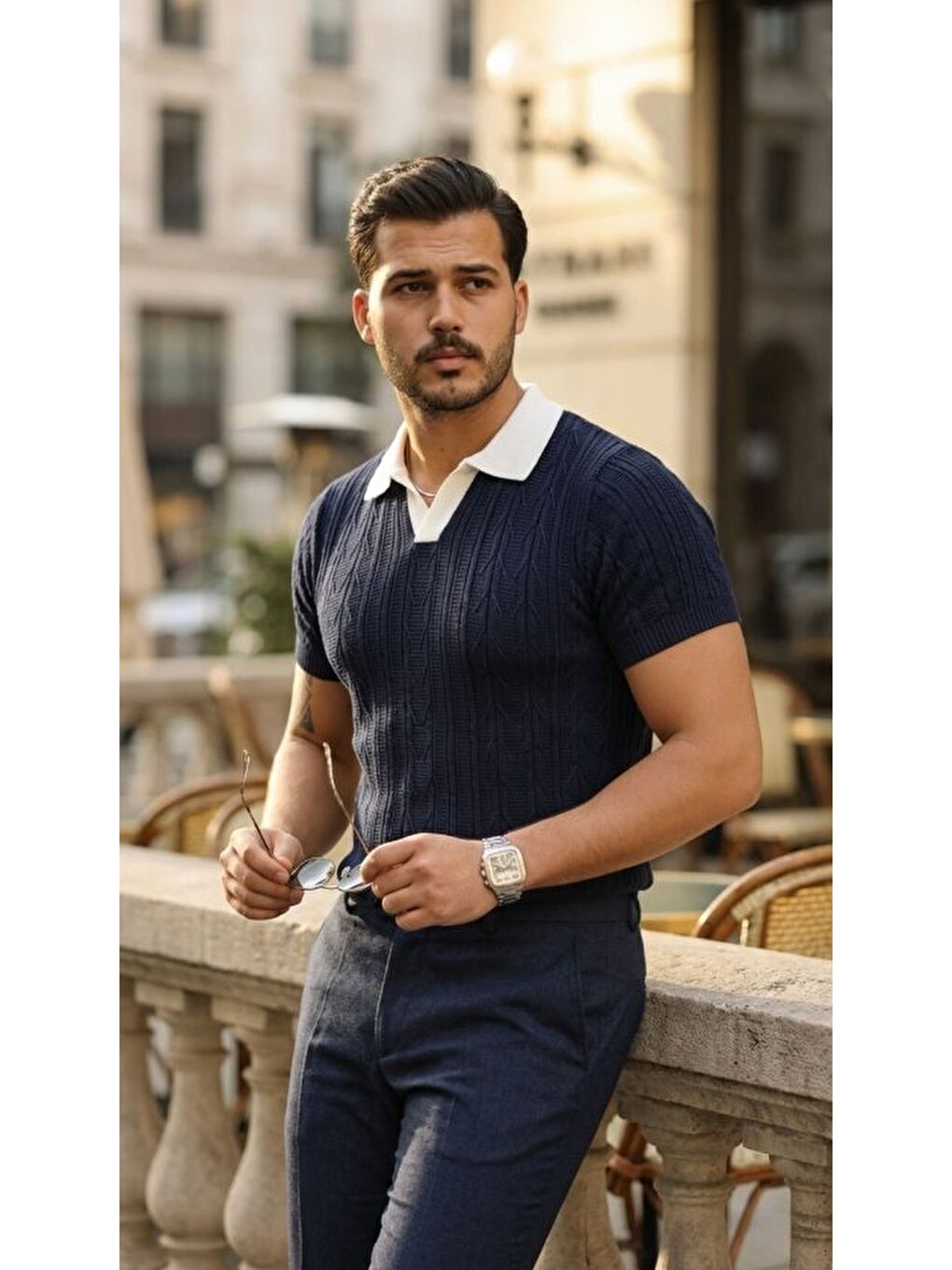 Lacivert Erkek Polo Yaka Triko Tişört-2