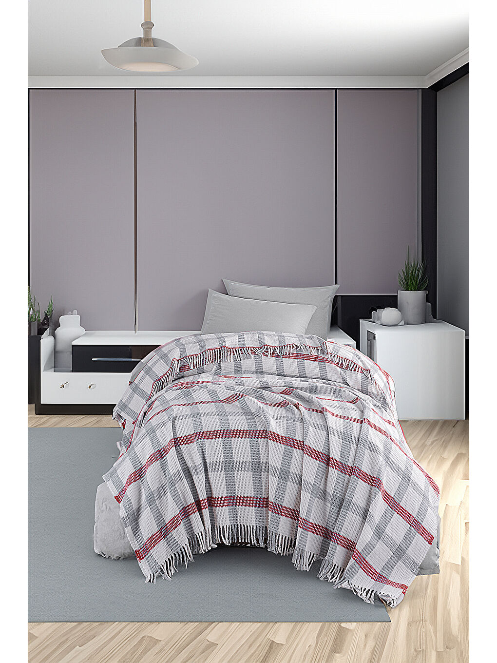 Battaniye Pamuklu Tek Kişilik Warm Soft Gri-Kırmızı-1