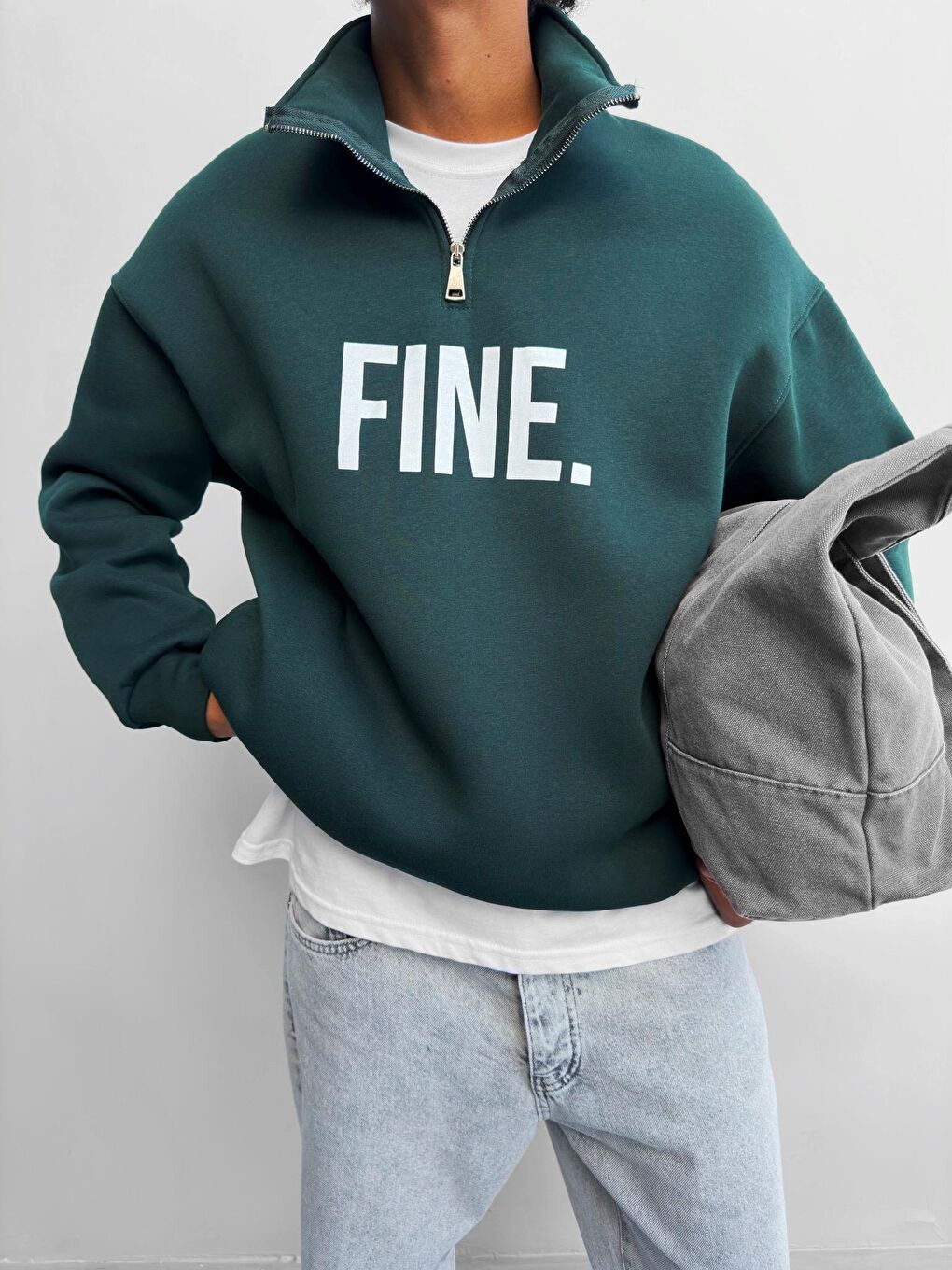 ablukaonline Yeşil Erkek Oversize Yarım Fermuarlı Baskılı Sweatshirt Yeşil