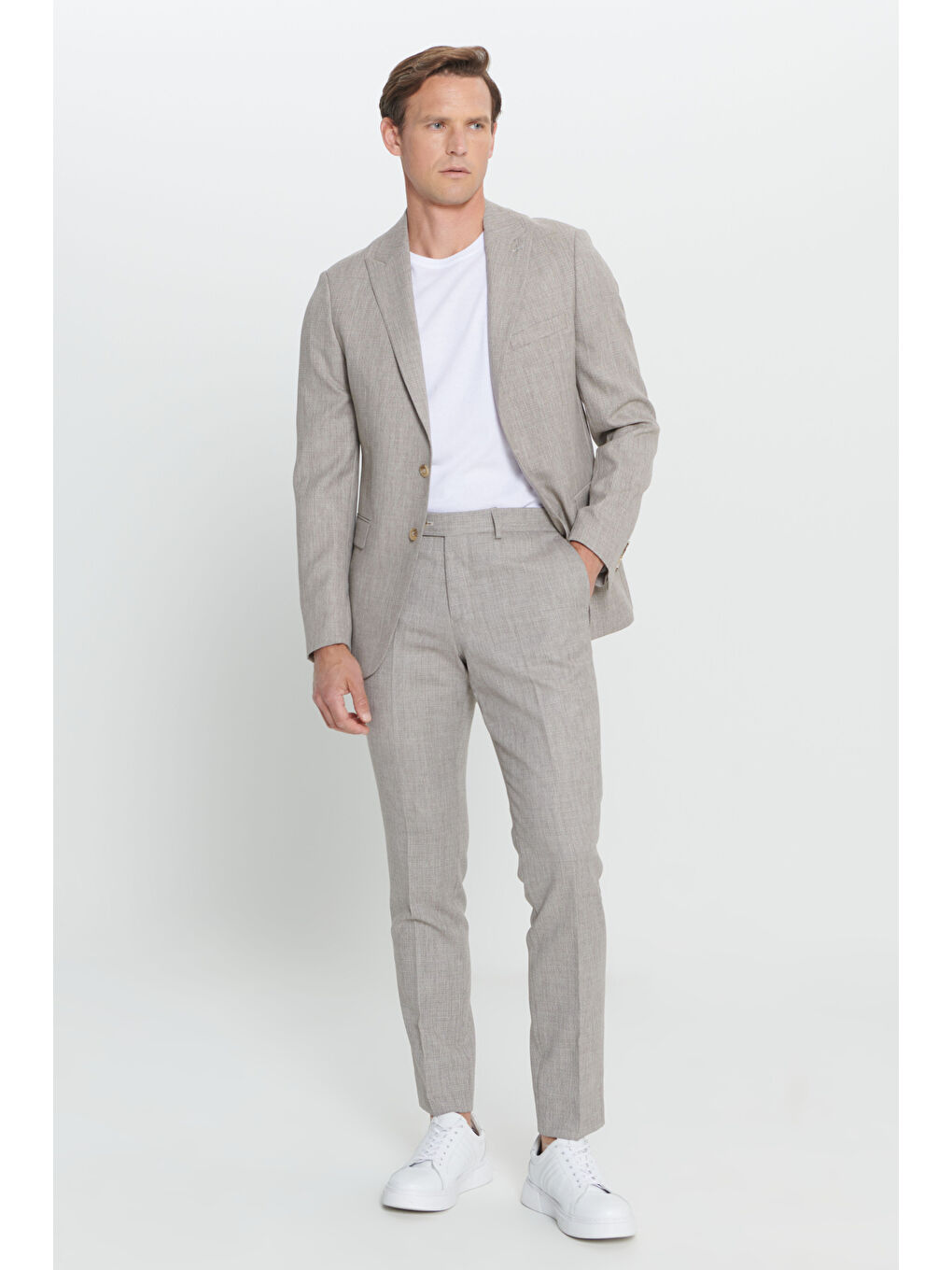 Kahverengi Erkek Açık Kahve Slim Fit Dar Kesim Kırlangıç Yaka Desenli Takım Elbise-1