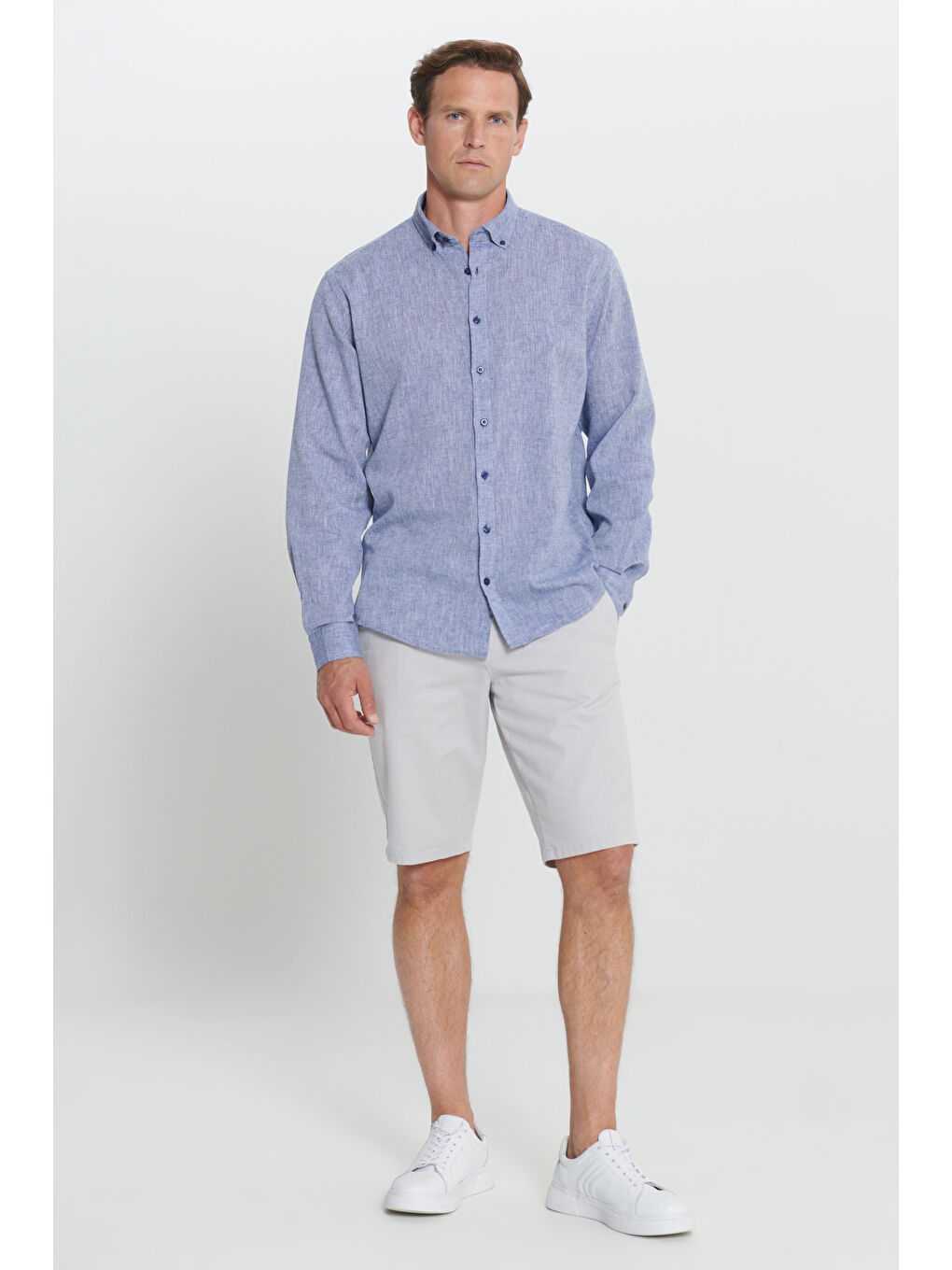 Erkek Lacivert Comfort Fit Rahat Kesim Düğmeli Yaka Keten Gömlek-2