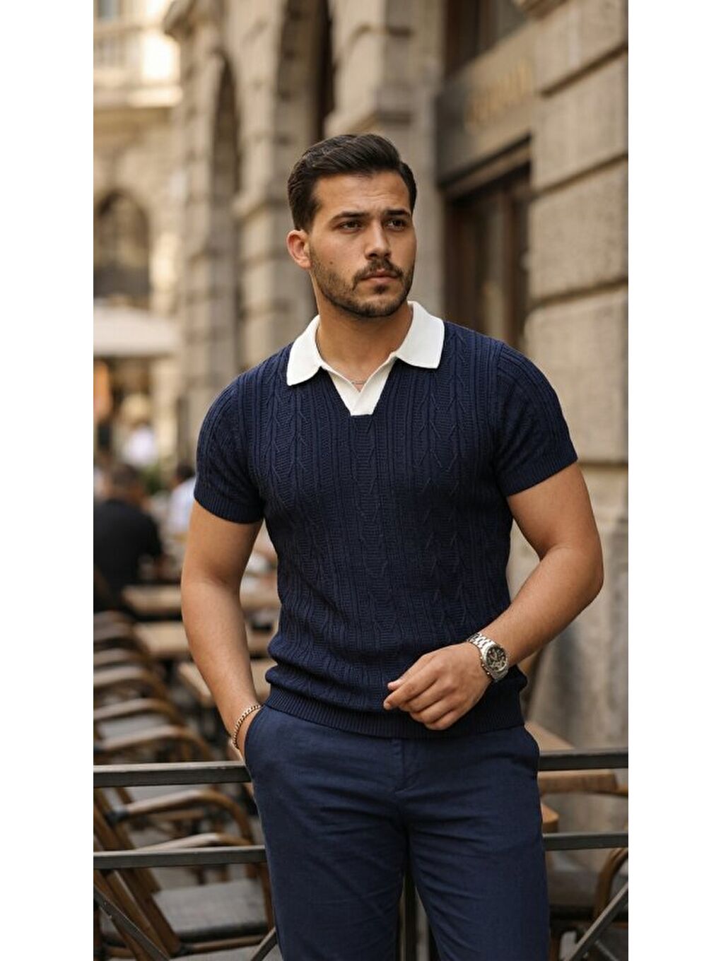 Lacivert Erkek Polo Yaka Triko Tişört-3