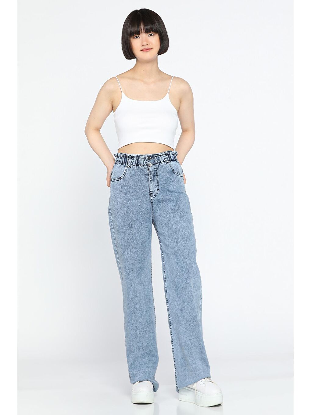 Mavi Çift Düğme Detaylı Bol Paça Elastanlı Kadın Jean Jean Pantolon-1