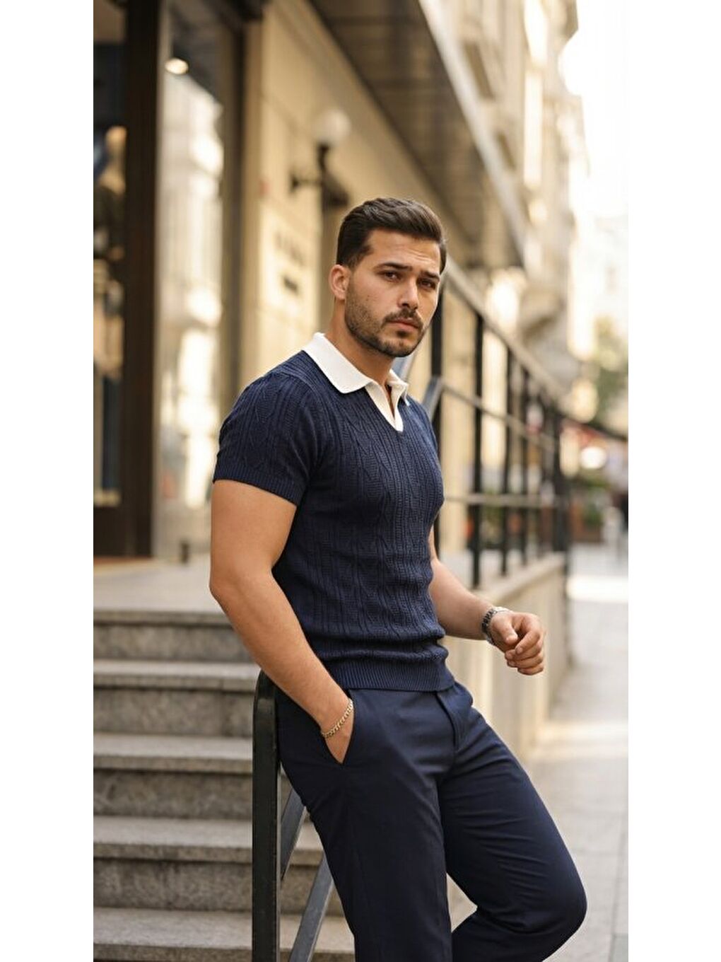 Lacivert Erkek Polo Yaka Triko Tişört-4