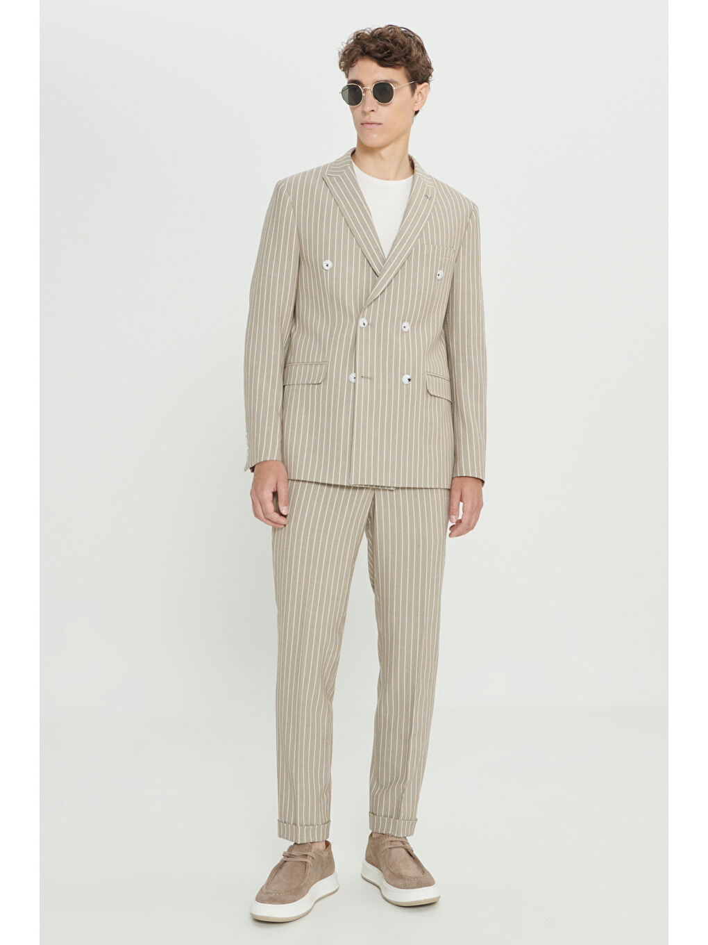 Erkek Bej-Beyaz Slim Fit Kırlangıç Yaka Gofre Desenli Kruvaze Takım Elbise-3