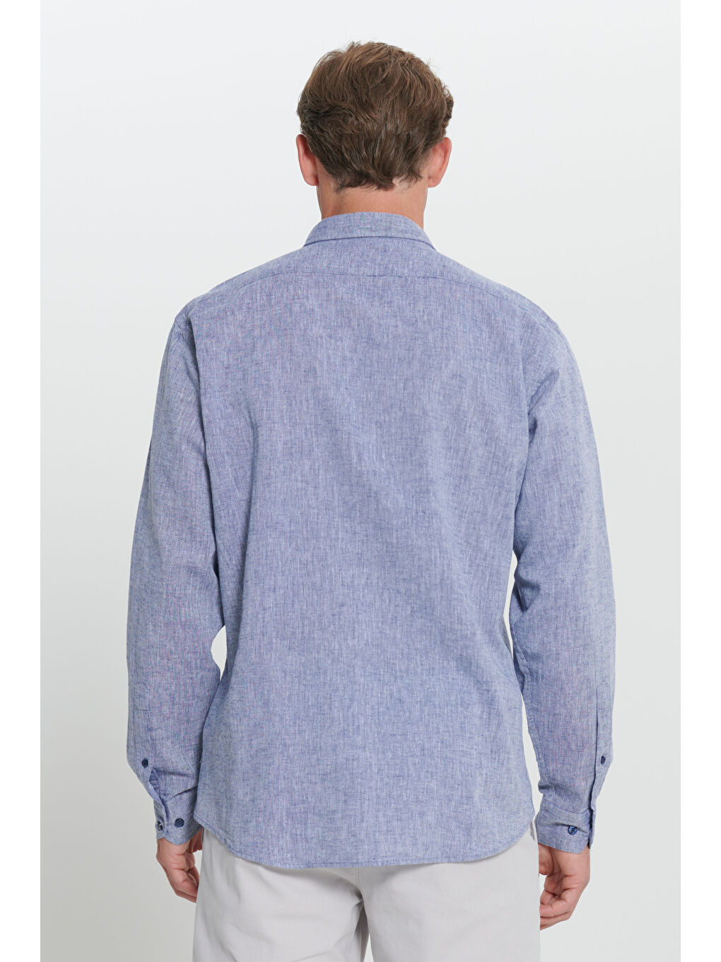 Erkek Lacivert Comfort Fit Rahat Kesim Düğmeli Yaka Keten Gömlek-5