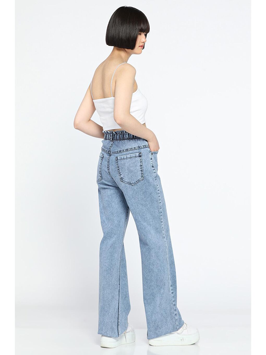 Mavi Çift Düğme Detaylı Bol Paça Elastanlı Kadın Jean Jean Pantolon-2