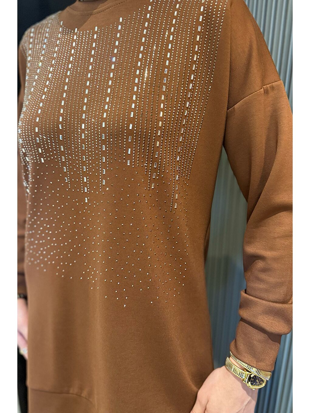 Kahverengi Büyük Beden Taşlı Tesettür Tunik Pantolon İkili Takım-5