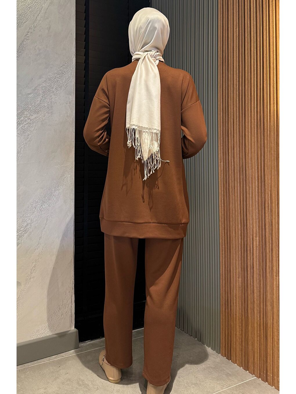 Kahverengi Büyük Beden Taşlı Tesettür Tunik Pantolon İkili Takım-7
