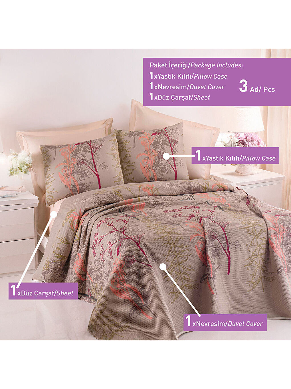 Baskılı Pike Takımı Tek Kişilik Urla Bej-3