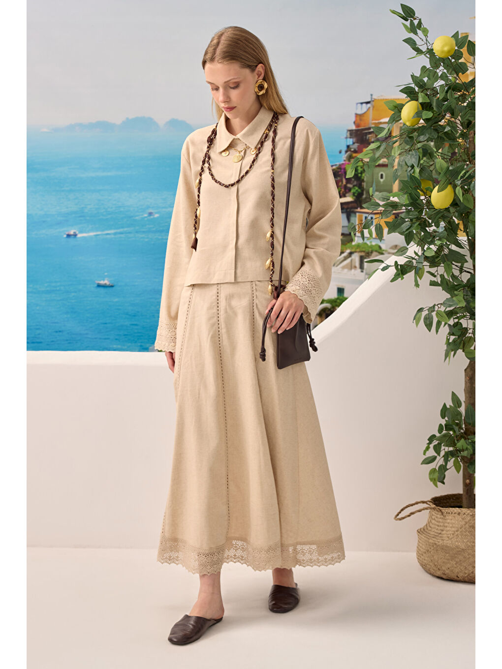 Bej Güpürlü Keten Etekli Takım Sedef-4