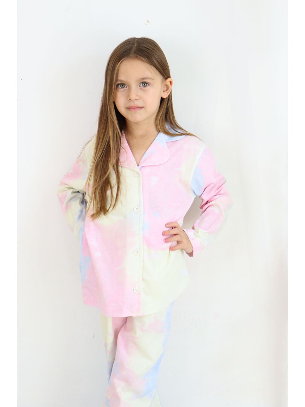 Pembe Kız Çocuk Pamuklu Düğmeli Pijama Takımı-1