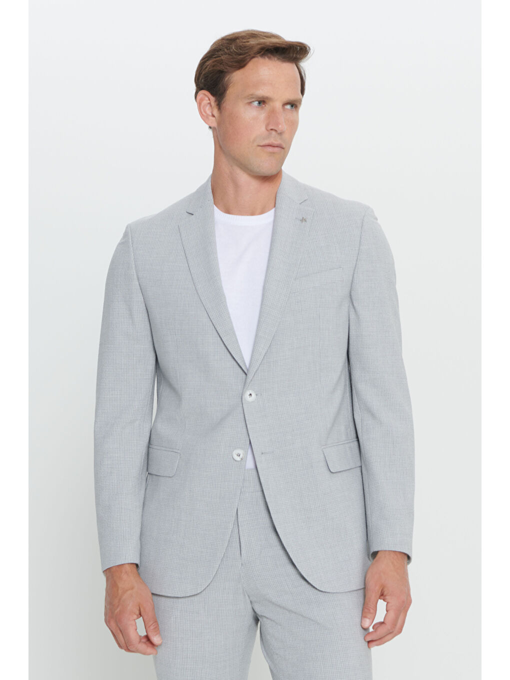 Erkek Açık Gri Slim Fit Dar Kesim Mono Yaka Gofre Desenli Takım Elbise