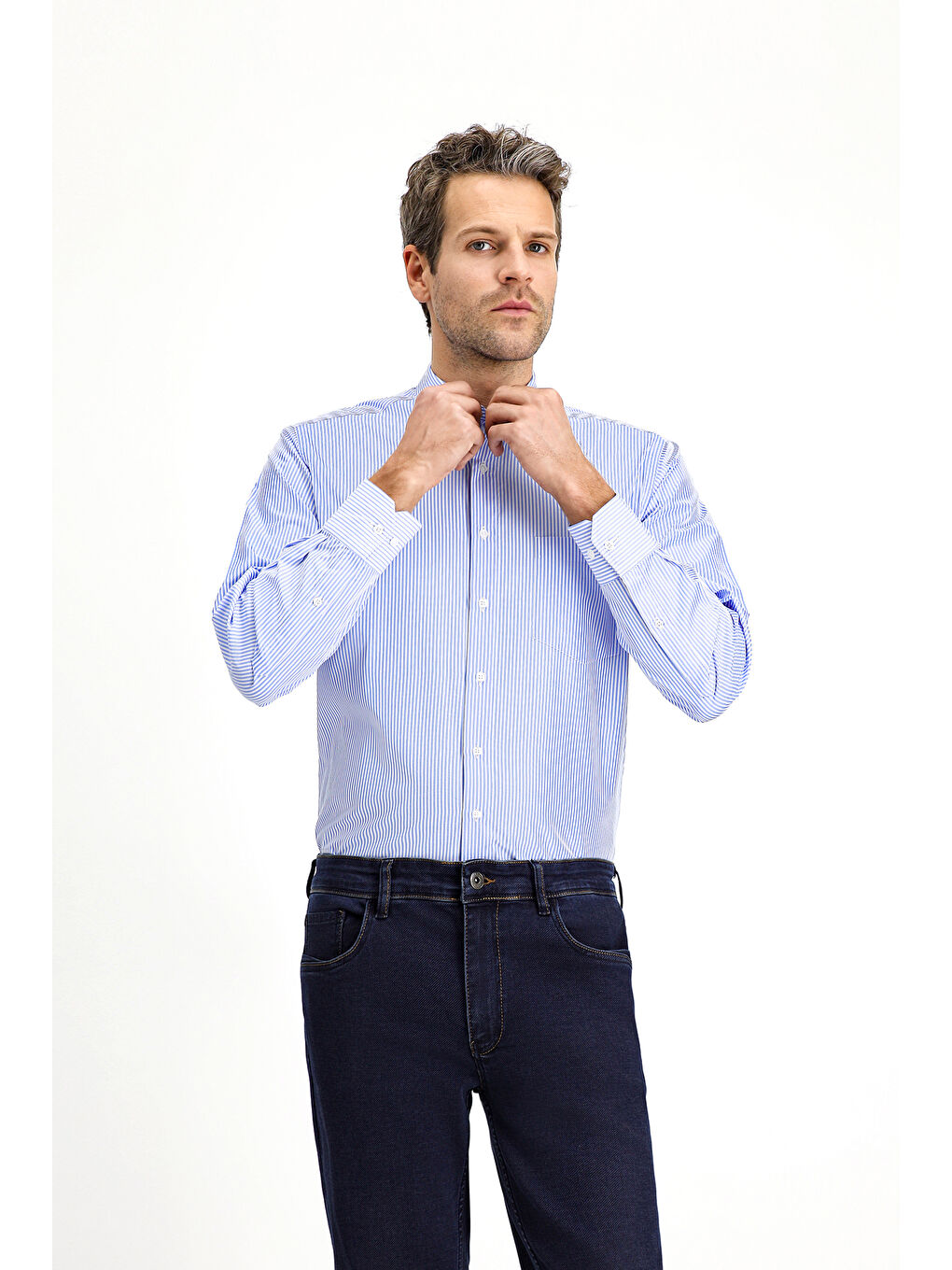 Mavi Uzun Kol Klasik Çizgili Pamuk Gömlek