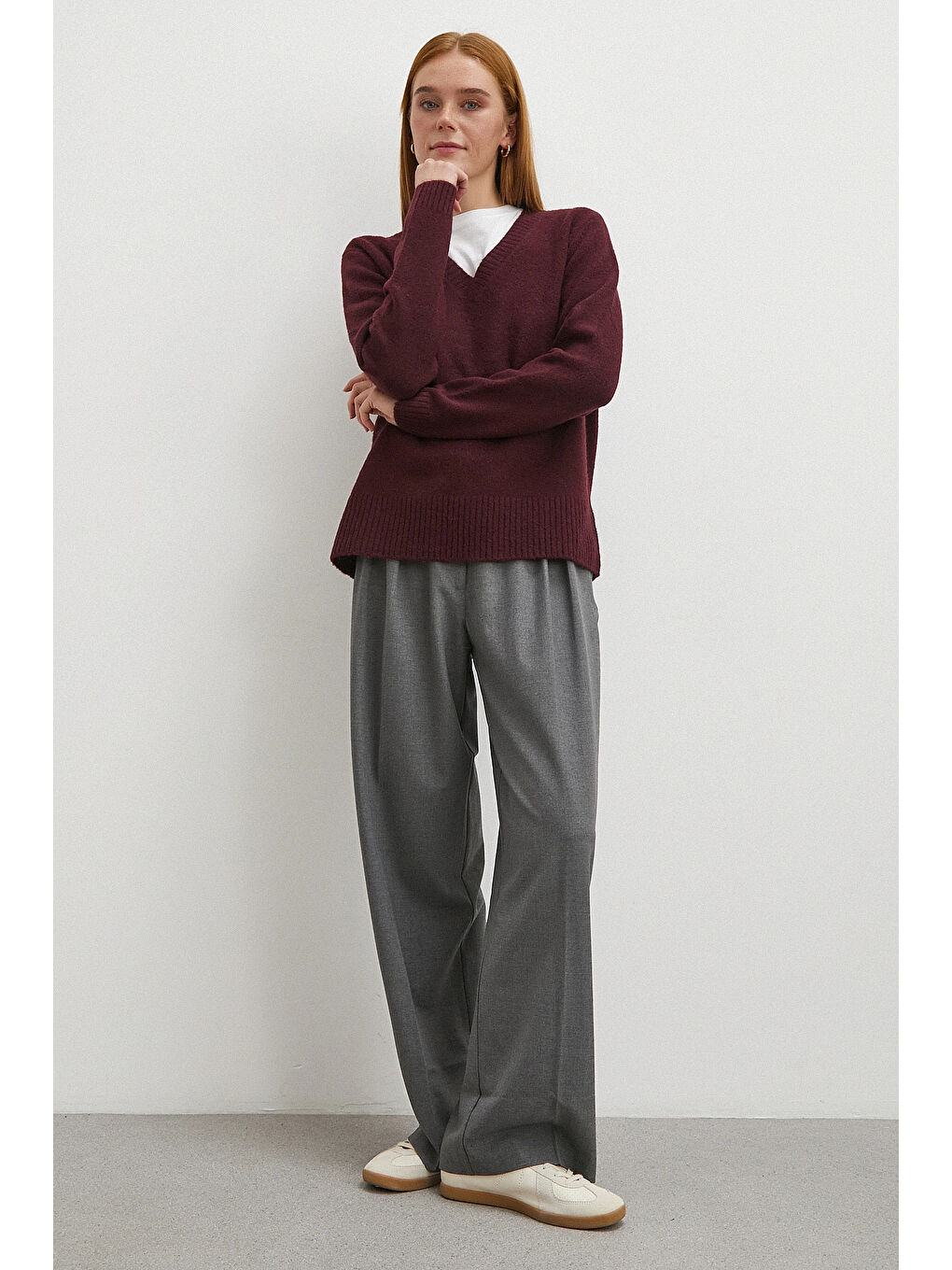 Yüksek Bel Pileli Palazzo Pantolon Gri