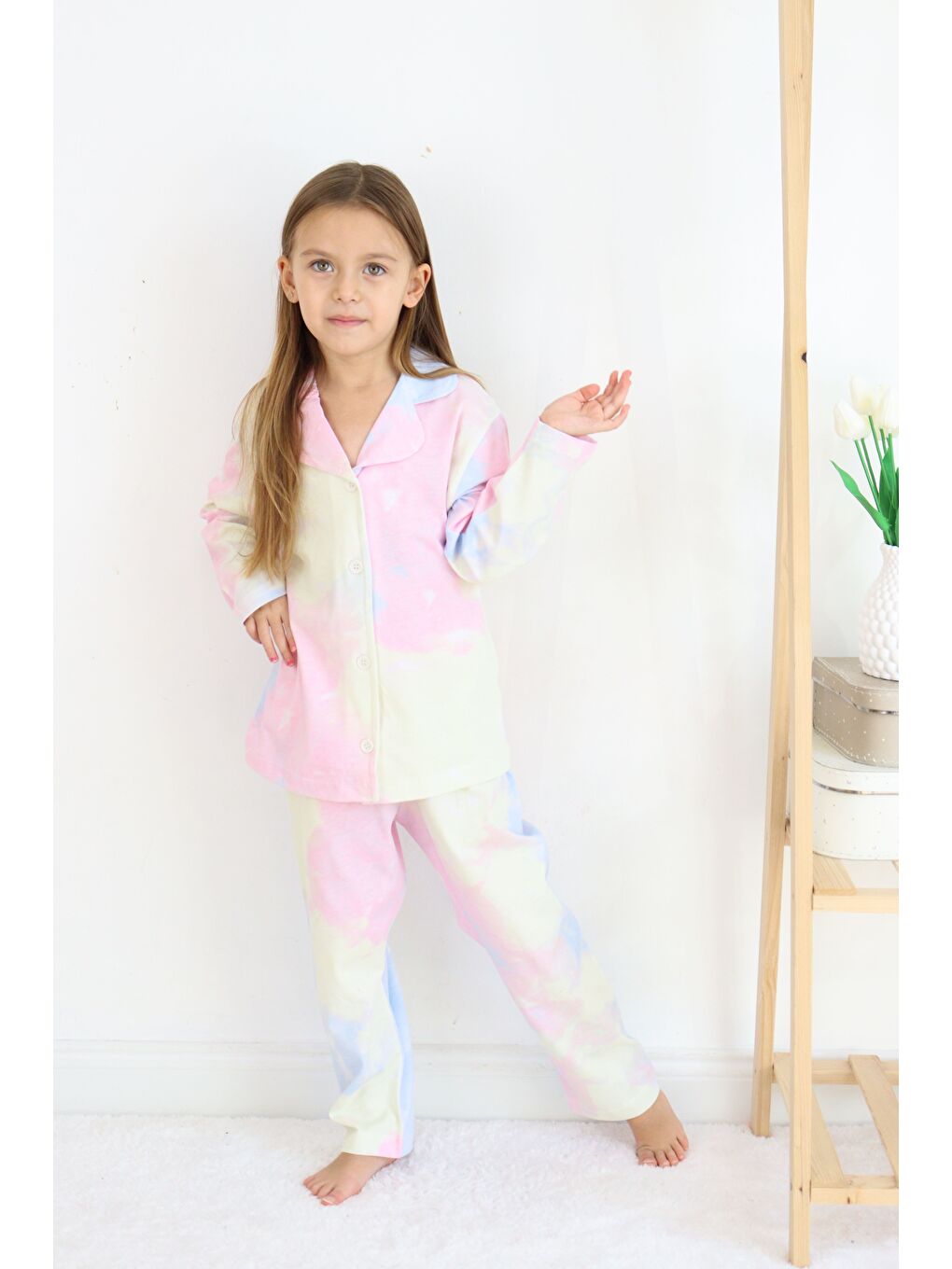 Pembe Kız Çocuk Pamuklu Düğmeli Pijama Takımı-5