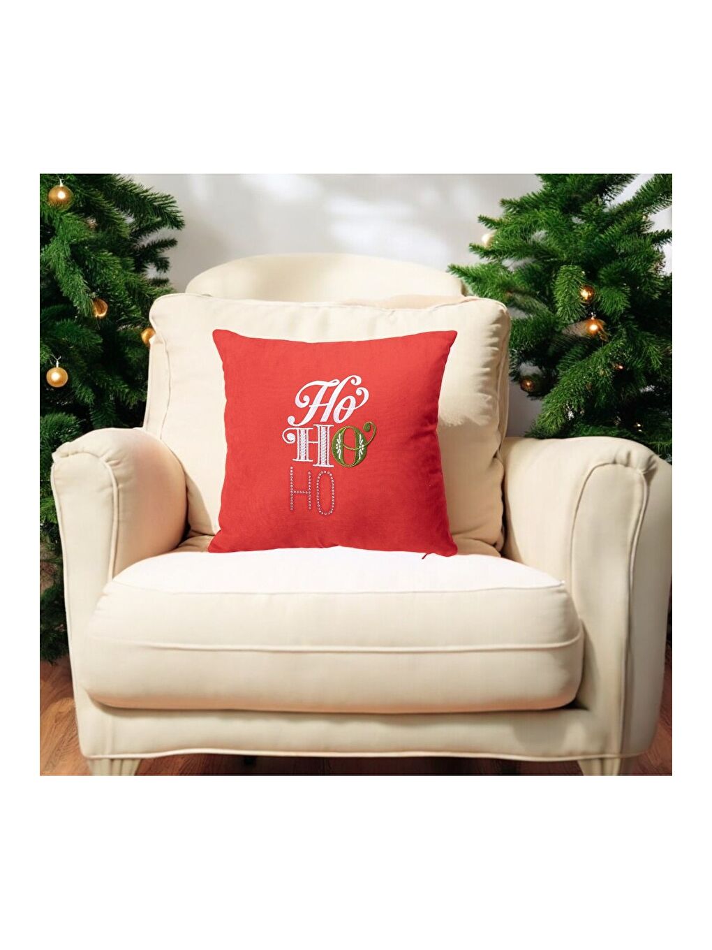 Yılbaşı Noel Temalı "HO HO HO" Nakış ve İşleme Detaylı Dekoratif Kırlent Kılıfı - Kırmızı 45x45-2