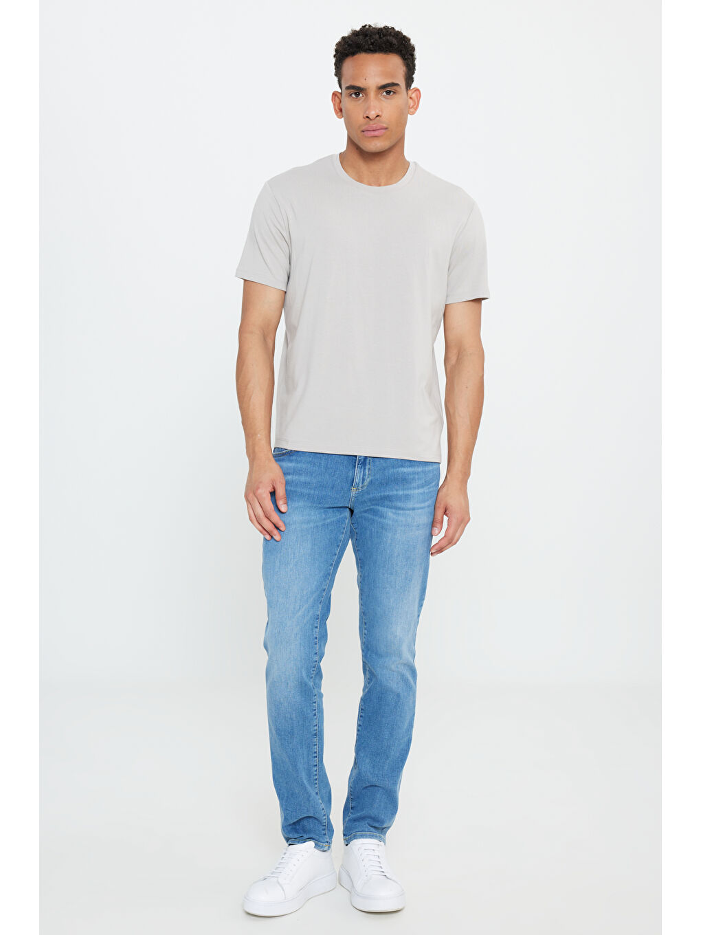 Erkek Bej Standart Fit Normal Kesim Bisiklet Yaka Pamuklu Tişört-1