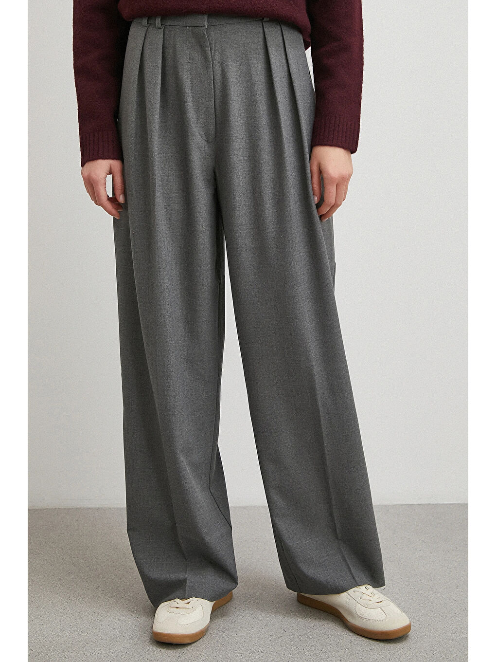 Yüksek Bel Pileli Palazzo Pantolon Gri-4