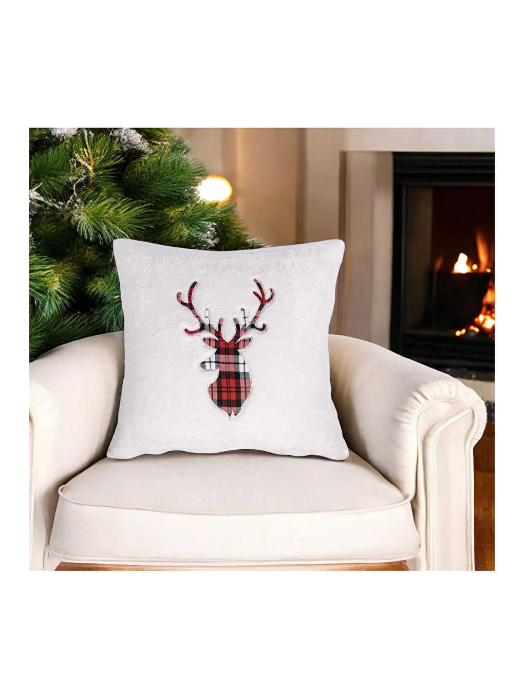 Yılbaşı Noel Temalı Ekose Geyik Temalı Puffy Kumaş Dekoratif Kırlent Kılıfı - Beyaz 45x45-1