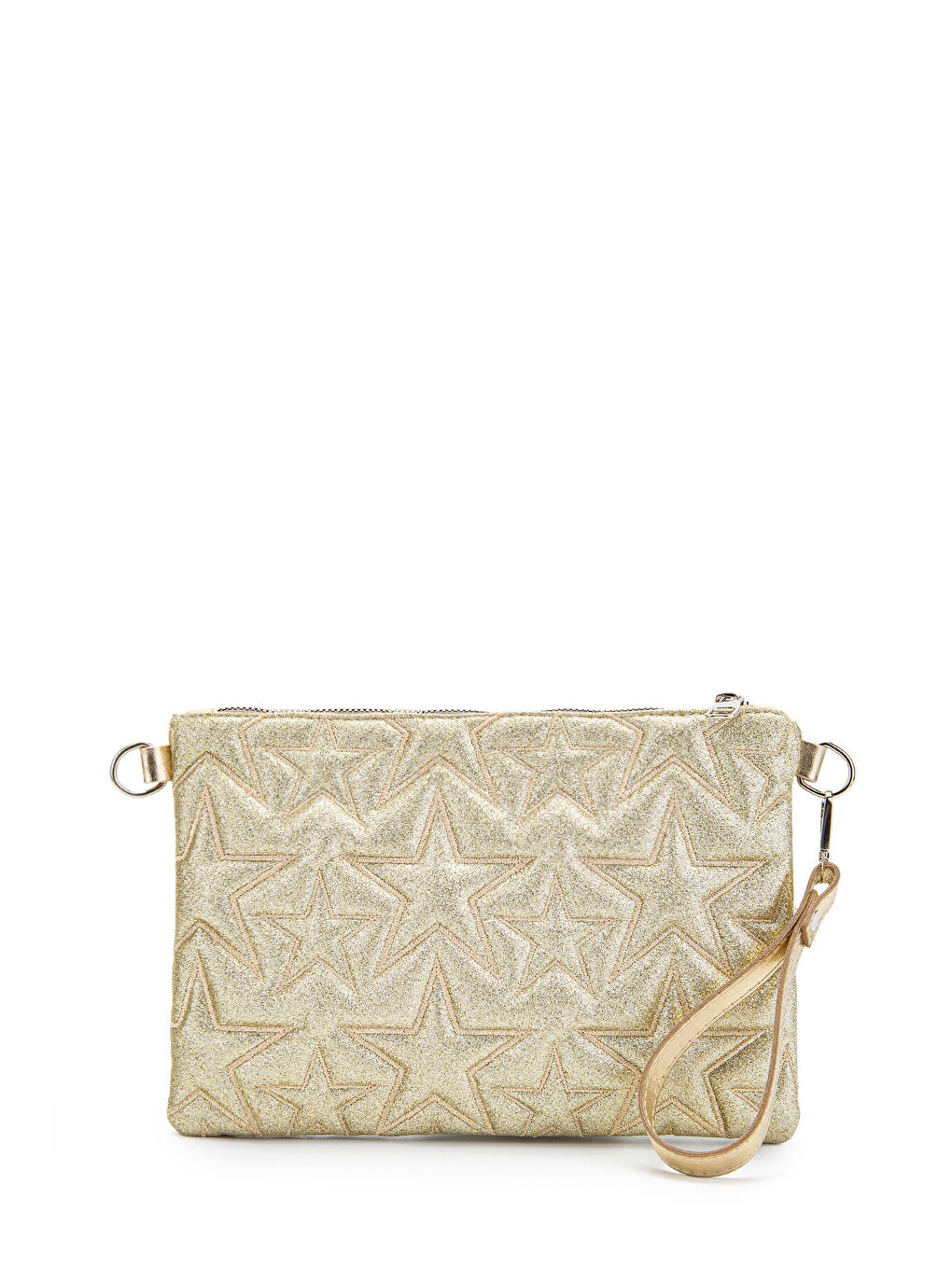 Sarı Yıldız Dikişli Clutch Star Kadın Çanta Simli Gold-1