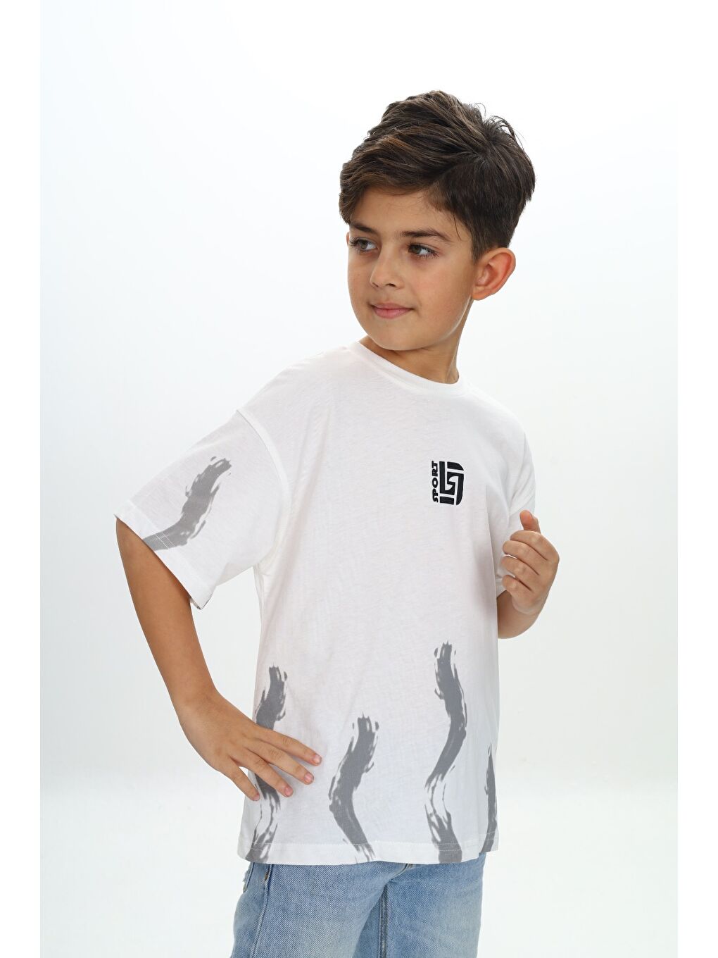 Ekru Erkek Çocuk Sport Yazılı Fırça Baskılı Tişört-1