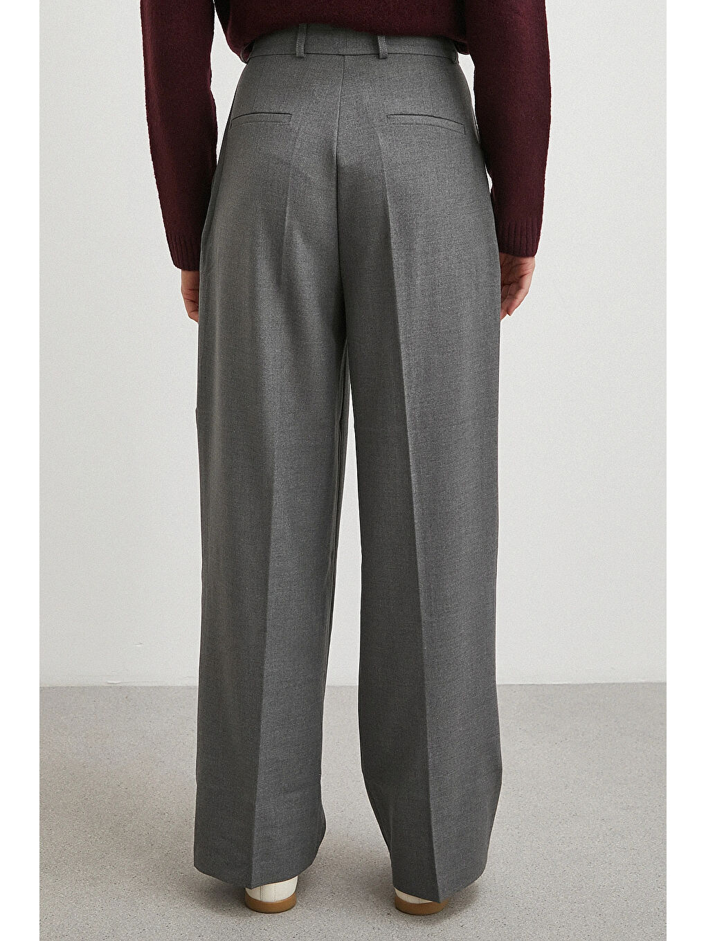Yüksek Bel Pileli Palazzo Pantolon Gri-5